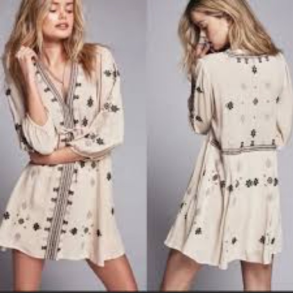 Free People Gauze Star Gazer Long Sleeve Plunge Neck Embroidered Mini Dress